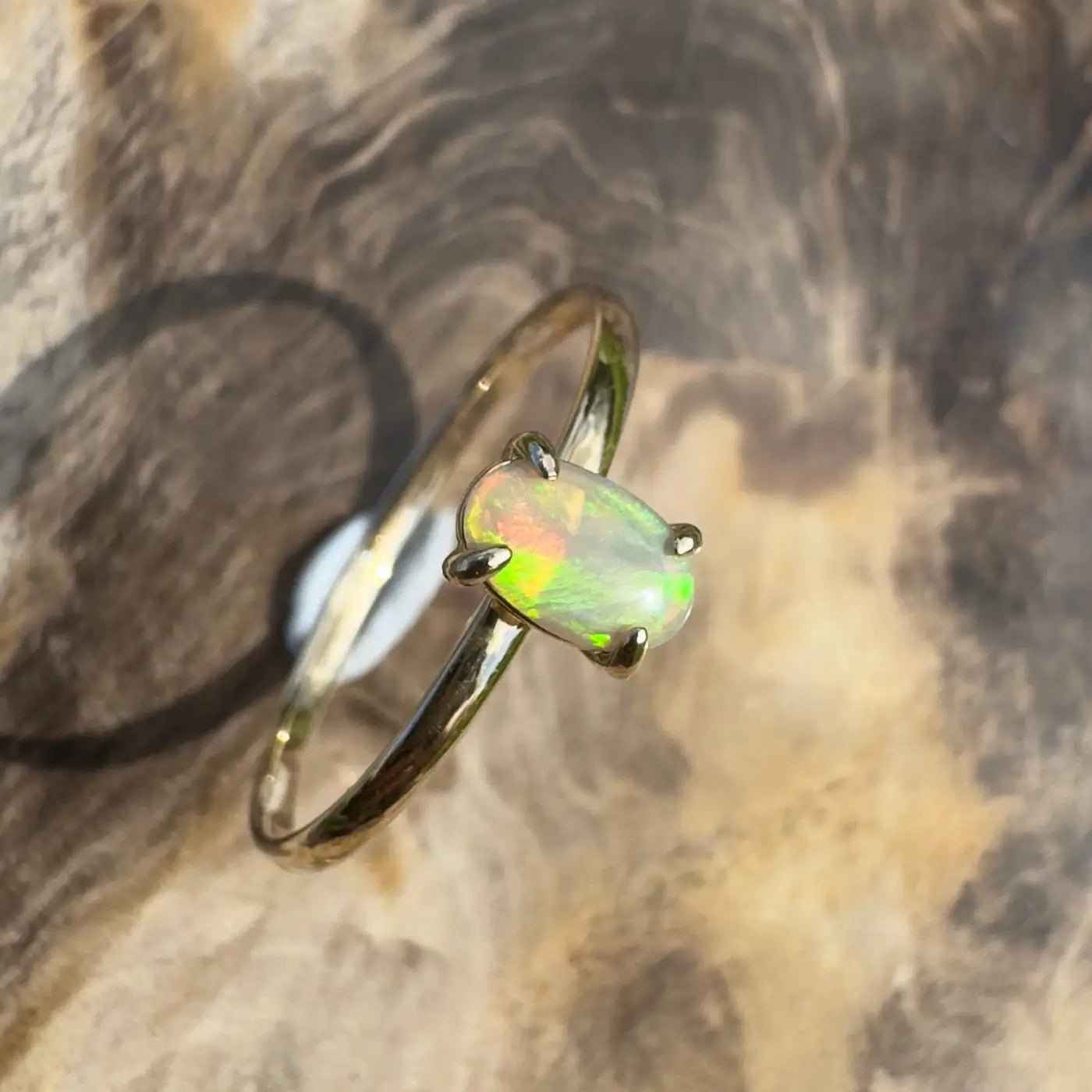 ‘Emerald Billabong' ~ Handcrafted 0.8ct Solid Lightning Ridge Crystal Opal 9ct Yellow Gold Ring