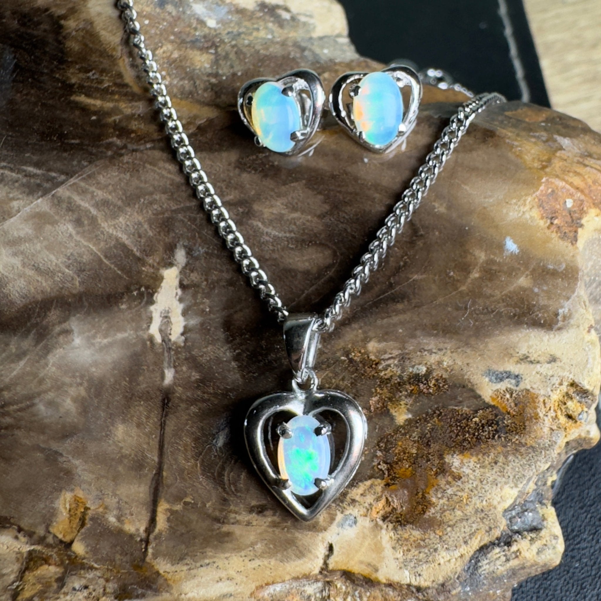 Endless Blue - 1.2ct Lightning Ridge Opal 925 Silver Earrings and Pendant set