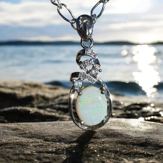 Silver opal pendant necklace featuring a 1.6 carat Coober Pedy opal and Cubic Zirconia in sterling silver