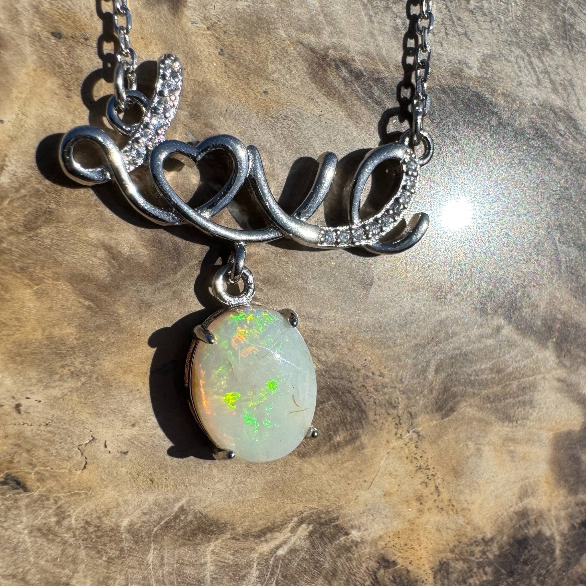 Eternal Flame ~ 1.1ct Solid Coober Pedy Opal 925 Sterling Silver Love Pendant Necklace