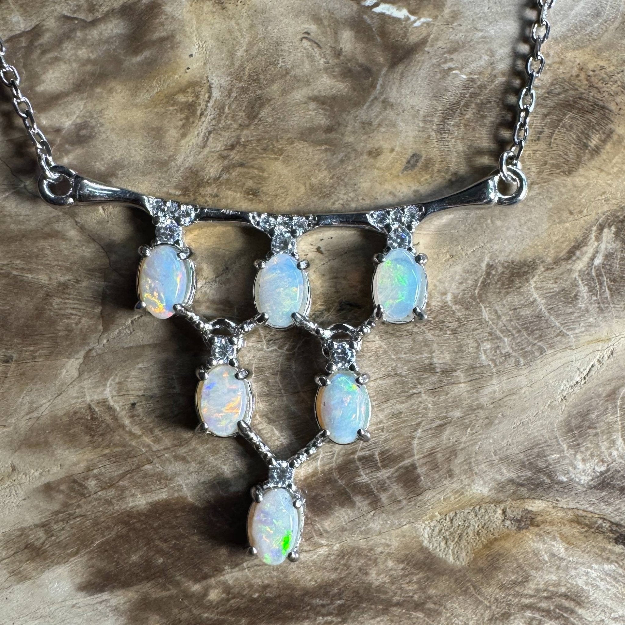 Eyre Desert Light ~ 2.4ct Solid Lightning Ridge Opal and Cubic Zirconia 925 Silver Pendant Necklace