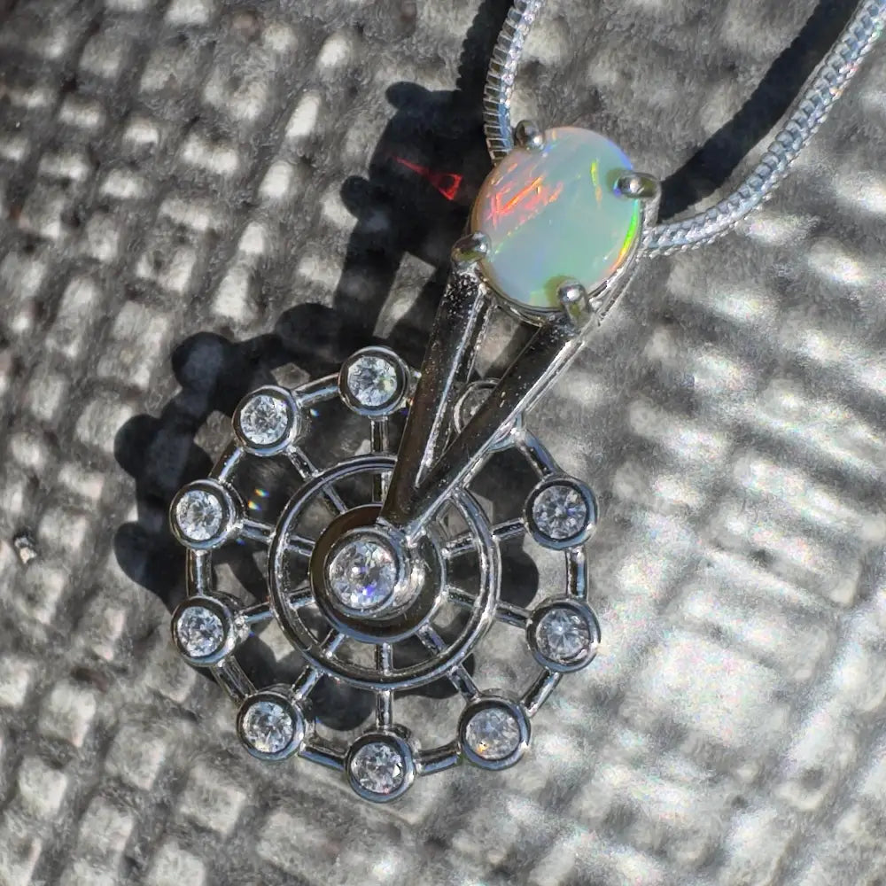 Opal and diamond pendant necklace with handcrafted Lightning Ridge opal and sterling silver