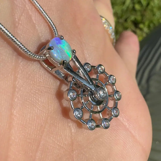 Handcrafted 0.7ct Lightning Ridge Opal and Cubic Zirconia Silver Spinning Pendant