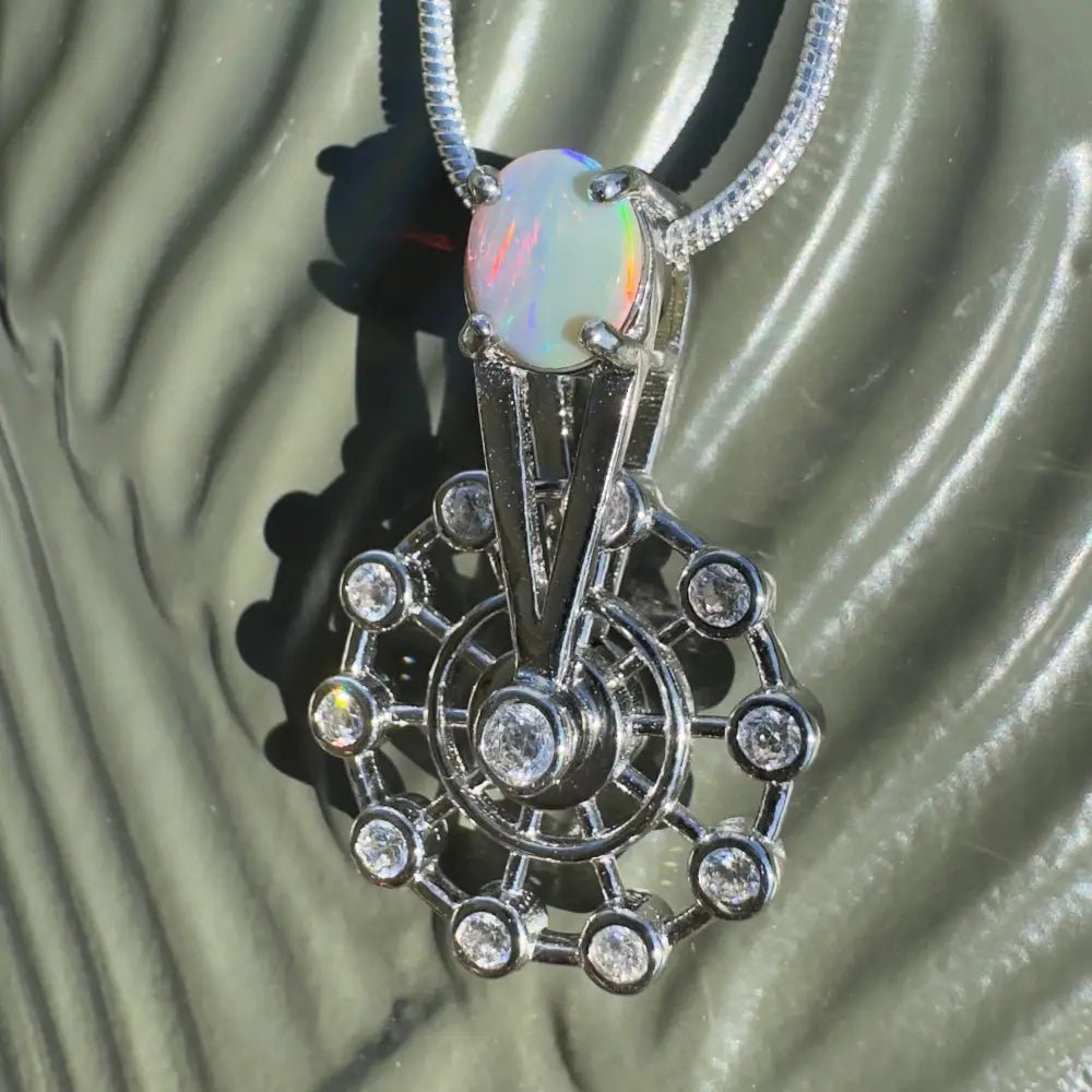 ‘Fair Fun' ~ Handcrafted 0.7ct Solid Lightning Ridge Opal and Cubic Zirconia 925 Sterling Silver Spinning Ferris Wheel Pendant