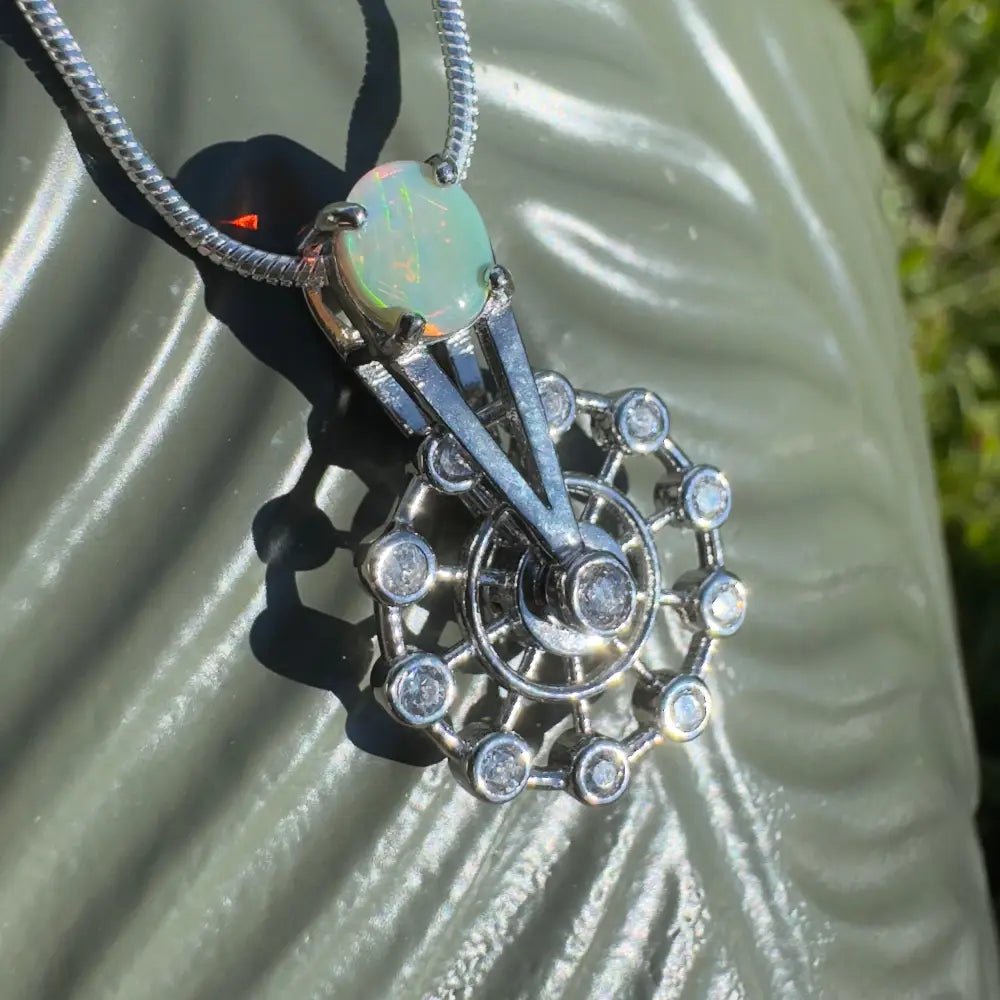 ‘Fair Fun' ~ Handcrafted 0.7ct Solid Lightning Ridge Opal and Cubic Zirconia 925 Sterling Silver Spinning Ferris Wheel Pendant
