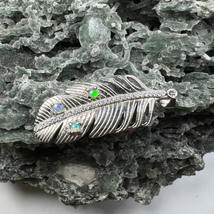 'Fern of Serenity' ~ Handcrafted 0.6ct Solid Lightning Ridge Opal and Cubic Zirconia 925 Sterling Silver Fern Pendant Necklace