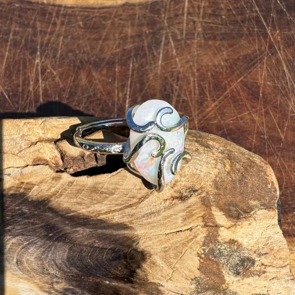 ’Fire Opal Essence’ ~ Handcrafted 3.9ct Solid Lightning Ridge Opal 925 Sterling Silver Ring