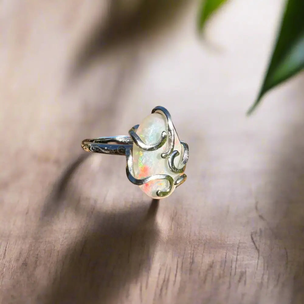 ’Fire Opal Essence’ ~ Handcrafted 3.9ct Solid Lightning Ridge Opal 925 Sterling Silver Ring