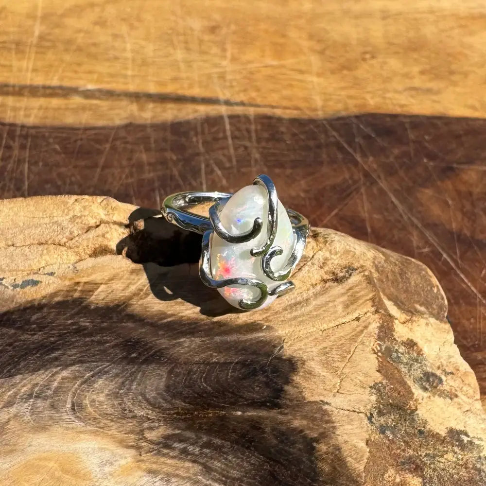’Fire Opal Essence’ ~ Handcrafted 3.9ct Solid Lightning Ridge Opal 925 Sterling Silver Ring