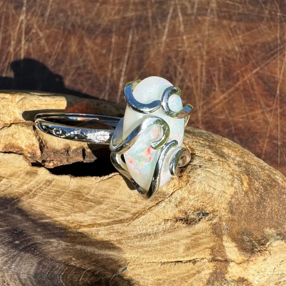 ’Fire Opal Essence’ ~ Handcrafted 3.9ct Solid Lightning Ridge Opal 925 Sterling Silver Ring