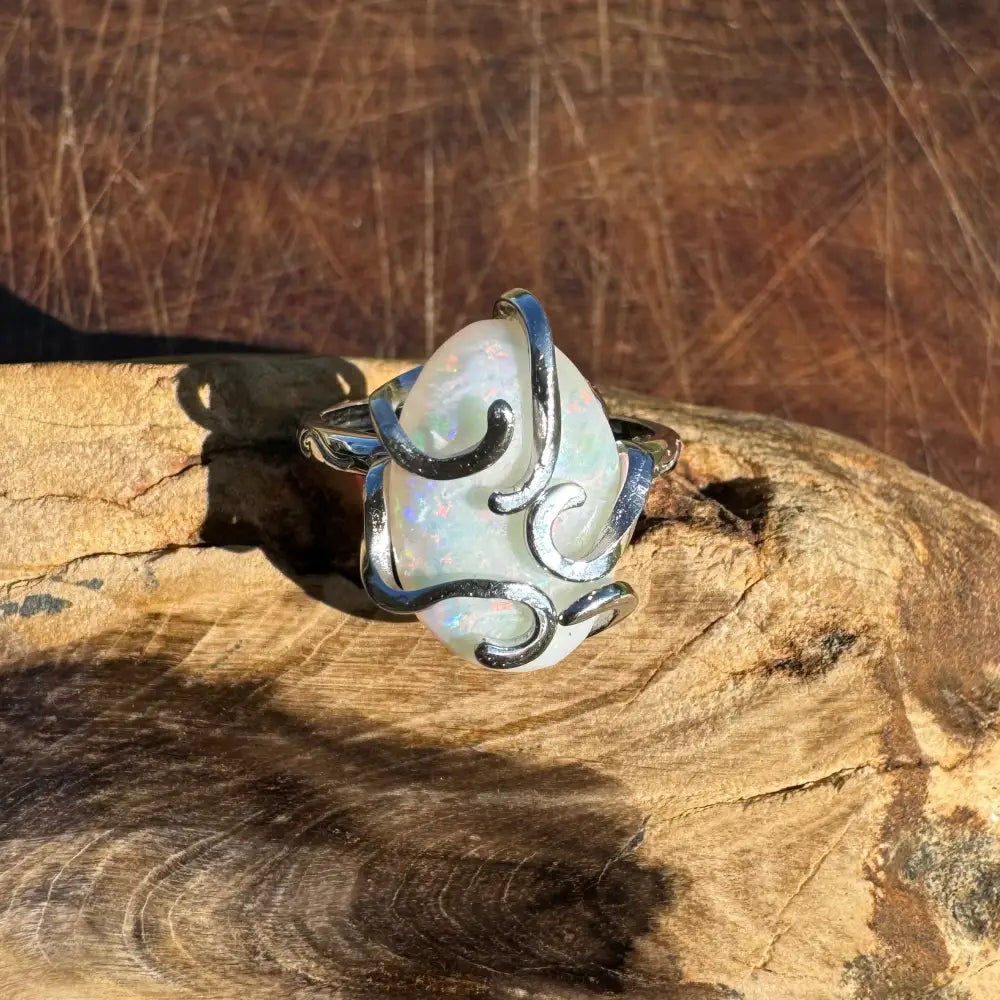 ’Fire Opal Essence’ ~ Handcrafted 3.9ct Solid Lightning Ridge Opal 925 Sterling Silver Ring