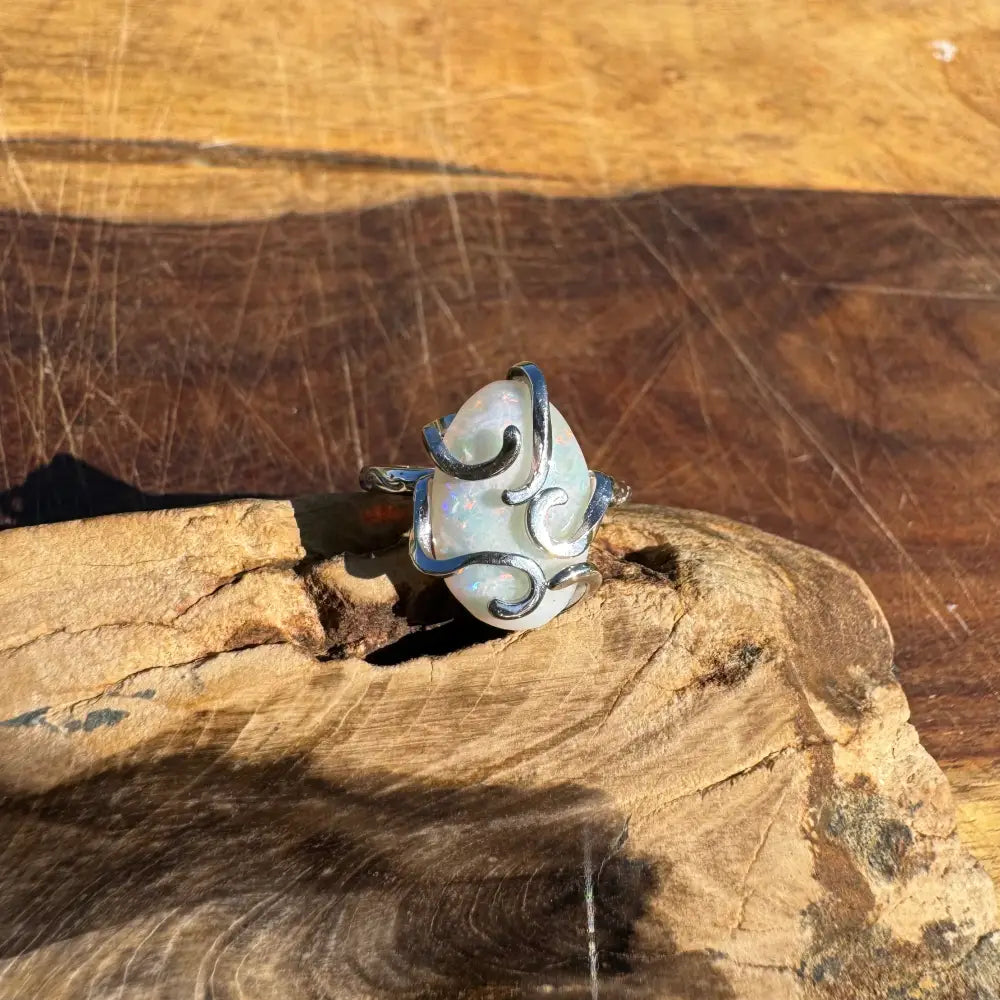’Fire Opal Essence’ ~ Handcrafted 3.9ct Solid Lightning Ridge Opal 925 Sterling Silver Ring