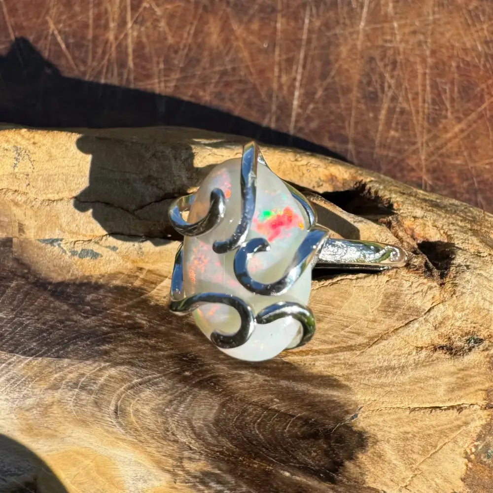 ’Fire Opal Essence’ ~ Handcrafted 3.9ct Solid Lightning Ridge Opal 925 Sterling Silver Ring
