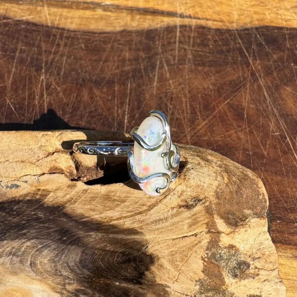 ’Fire Opal Essence’ ~ Handcrafted 3.9ct Solid Lightning Ridge Opal 925 Sterling Silver Ring