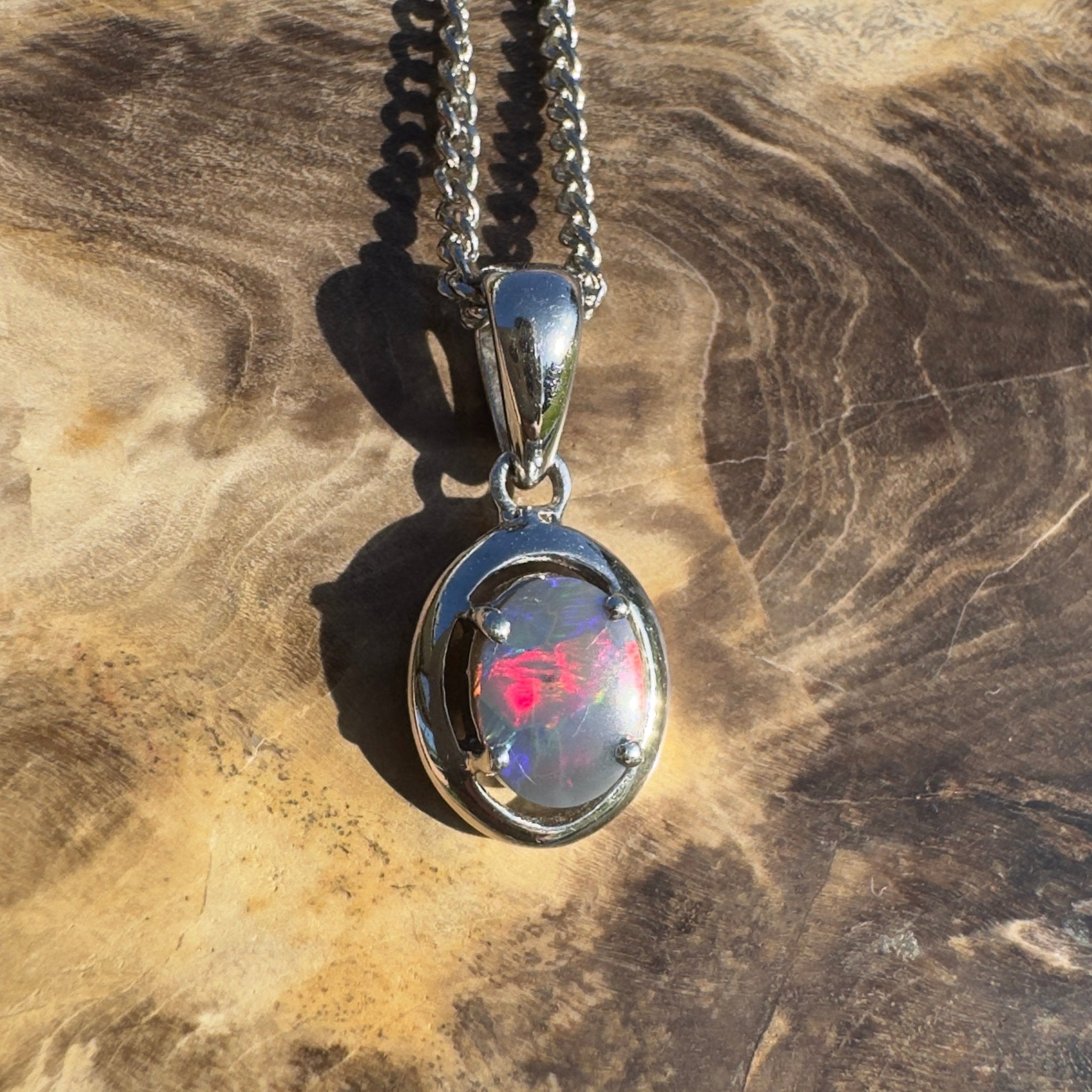 Flinders Nightfire ~ 0.9ct Lightning Ridge Semi Black Opal 925 Silver Pendant