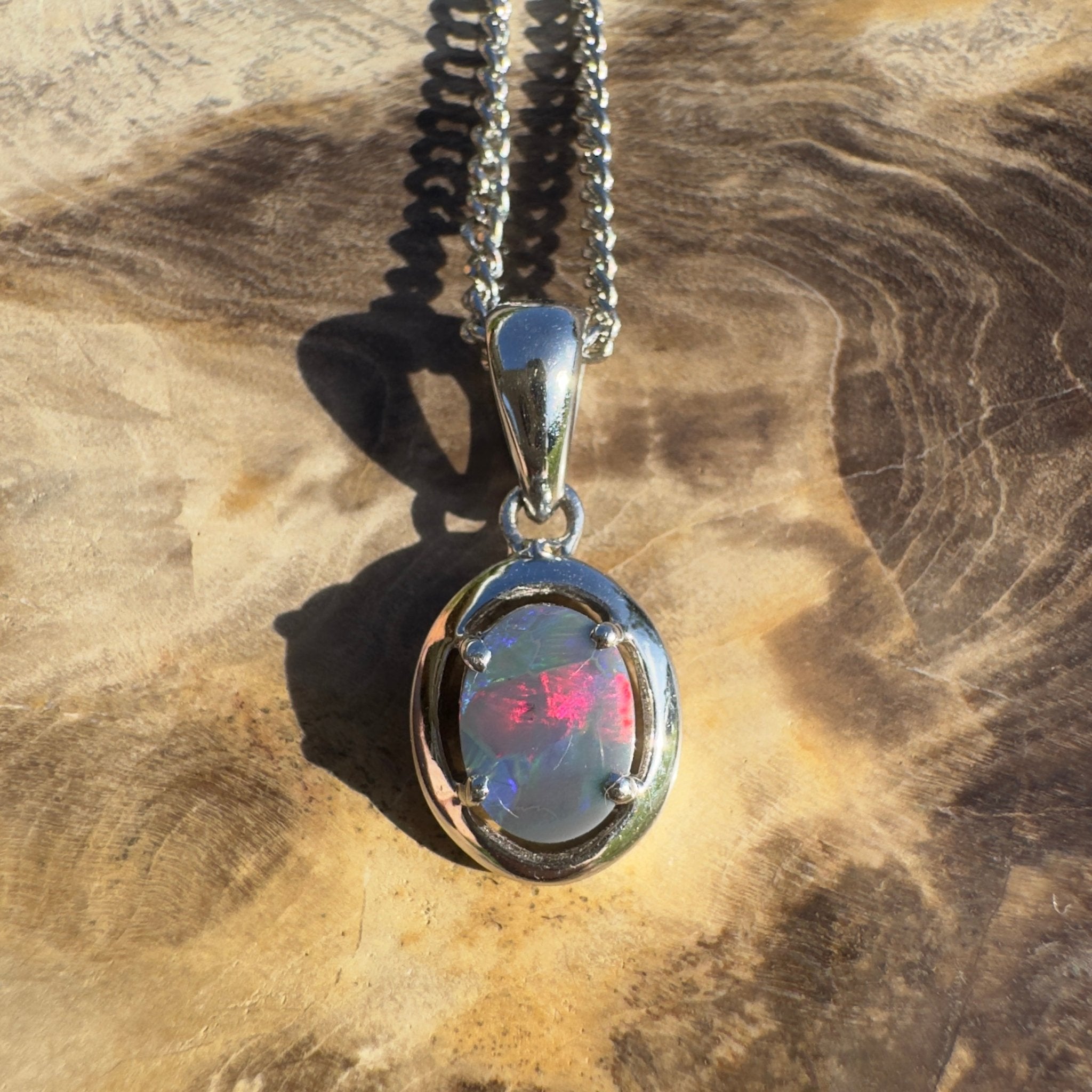 Flinders Nightfire ~ 0.9ct Lightning Ridge Semi Black Opal 925 Silver Pendant