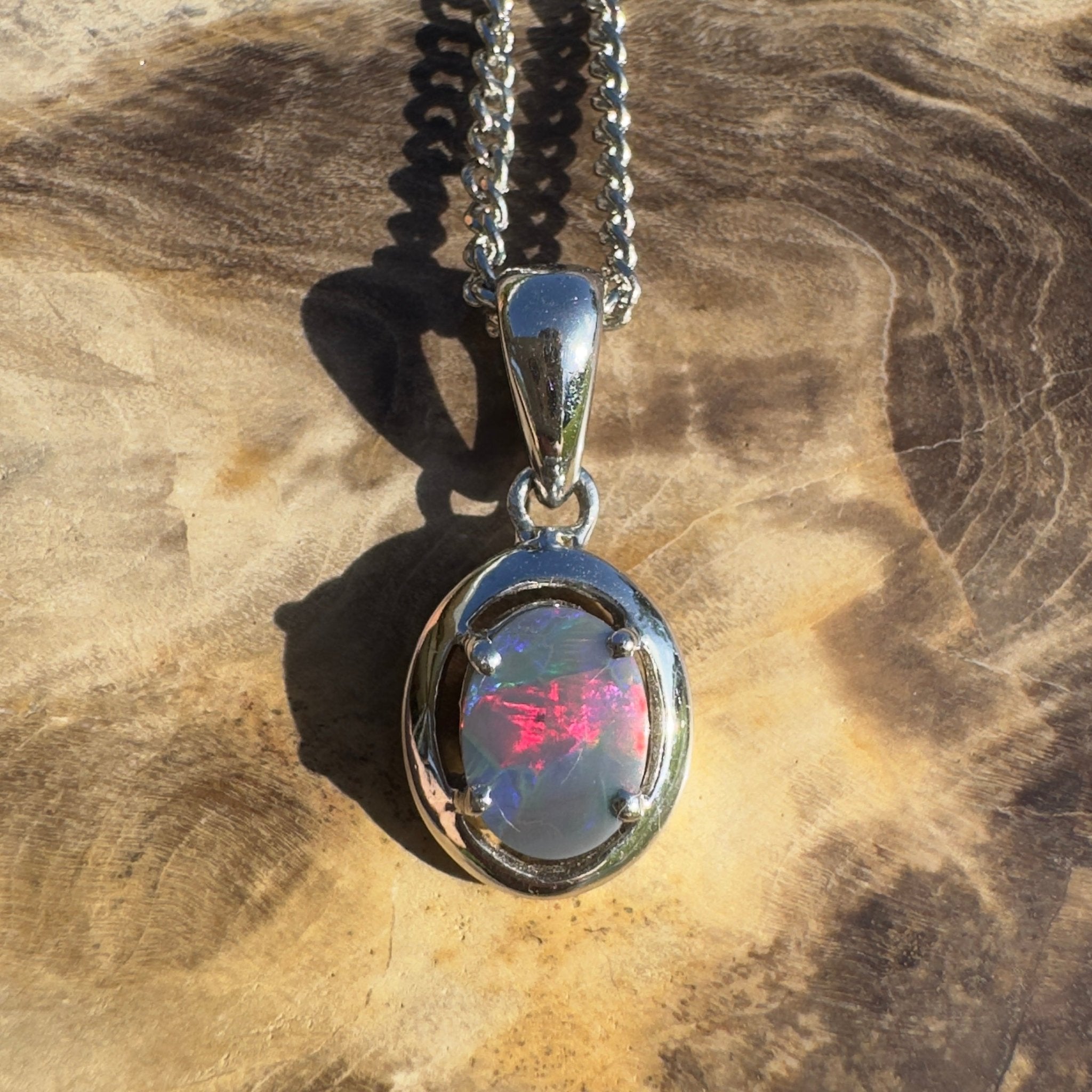 Flinders Nightfire ~ 0.9ct Lightning Ridge Semi Black Opal 925 Silver Pendant