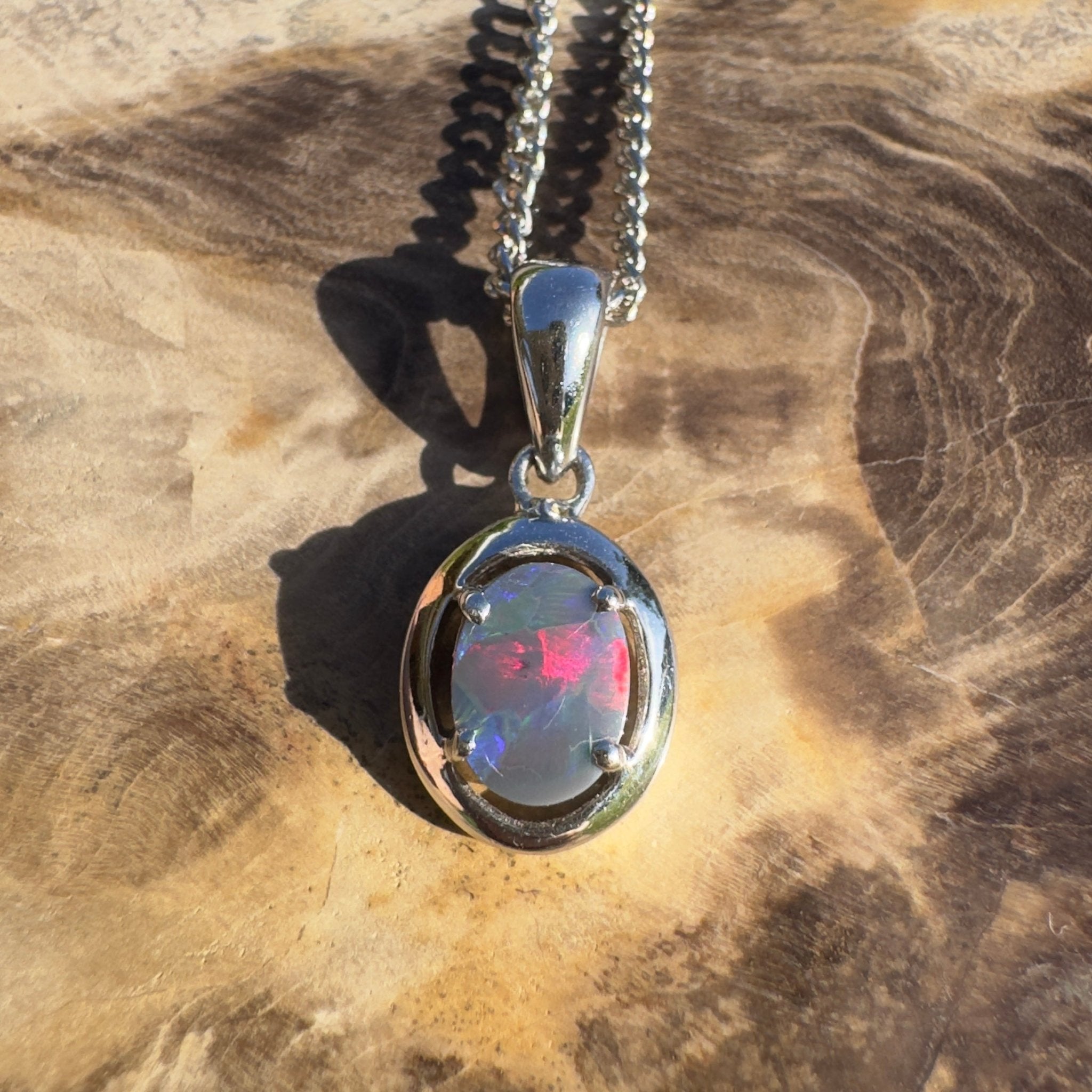 Flinders Nightfire ~ 0.9ct Lightning Ridge Semi Black Opal 925 Silver Pendant