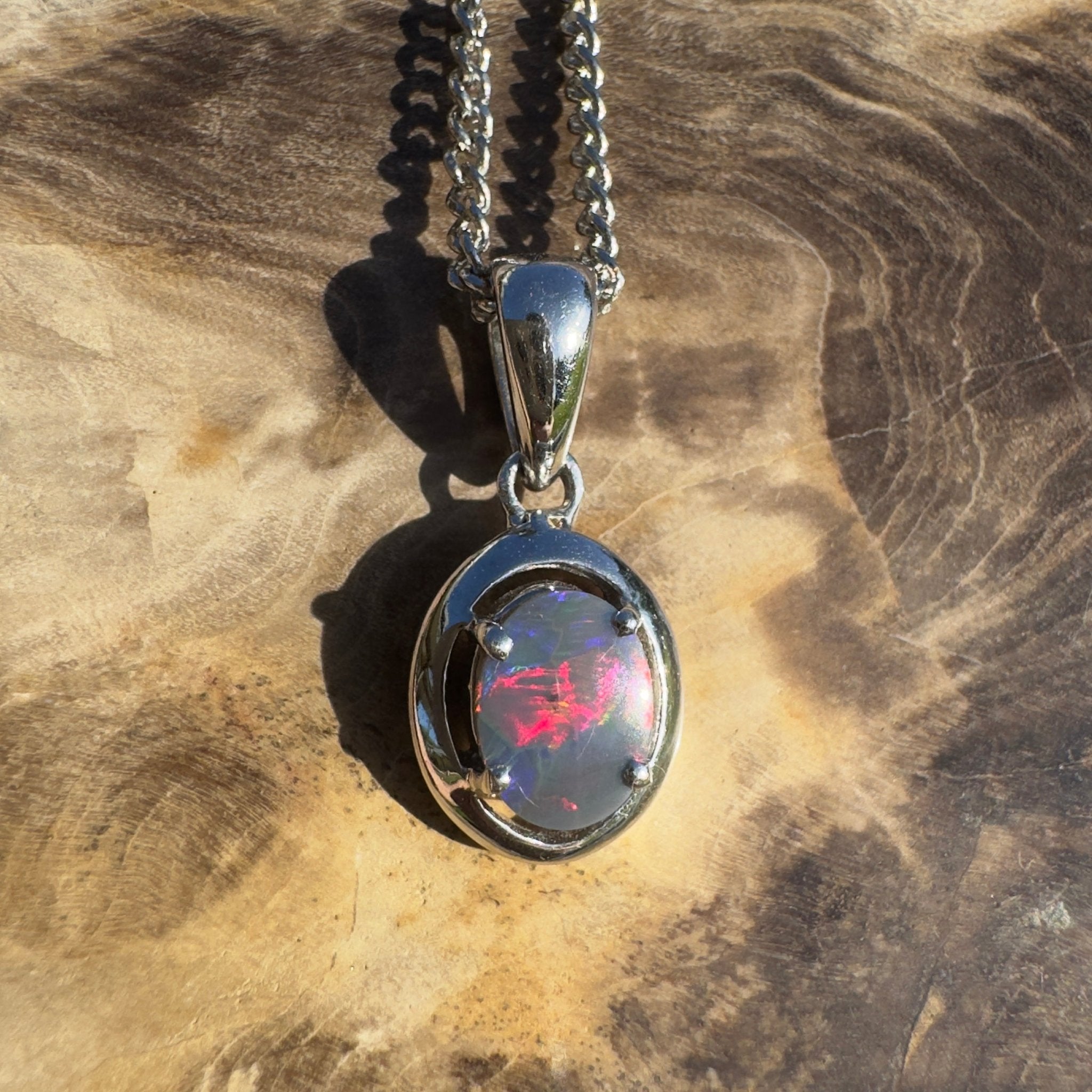 Flinders Nightfire ~ 0.9ct Lightning Ridge Semi Black Opal 925 Silver Pendant