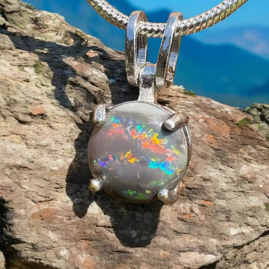 'Galaxy Wonders' ~ Handcrafted 0.8ct Solid Lightning Ridge Semi Black Opal 925 Sterling Silver Pendant Necklace
