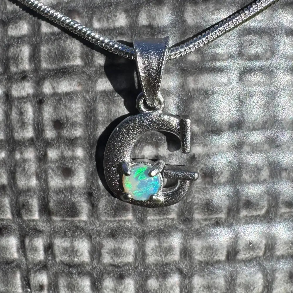'Gleaming Grace' ~ Handcrafted 0.2ct Solid Lightning Ridge Opal 925 Sterling Silver 'G' Pendant Necklace