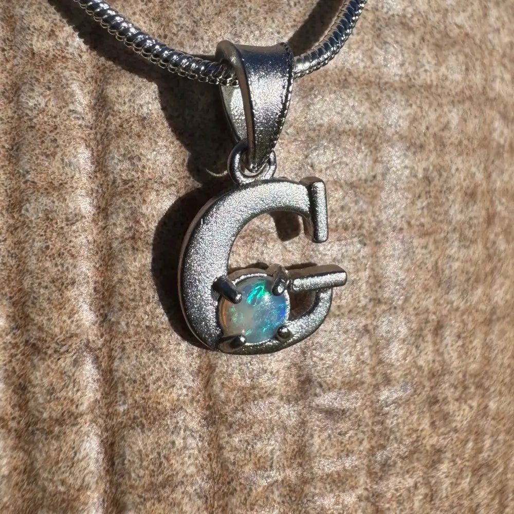'Gleaming Grace' ~ Handcrafted 0.2ct Solid Lightning Ridge Opal 925 Sterling Silver 'G' Pendant Necklace