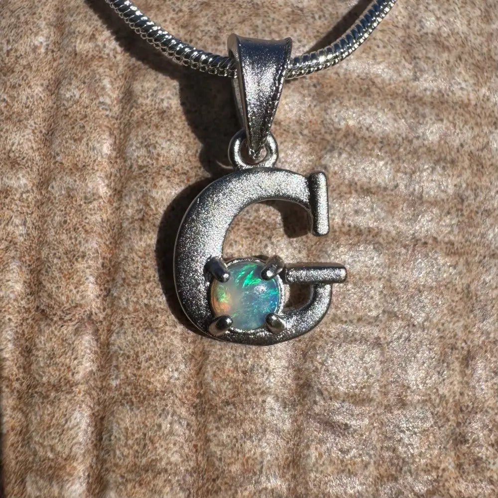 'Gleaming Grace' ~ Handcrafted 0.2ct Solid Lightning Ridge Opal 925 Sterling Silver 'G' Pendant Necklace