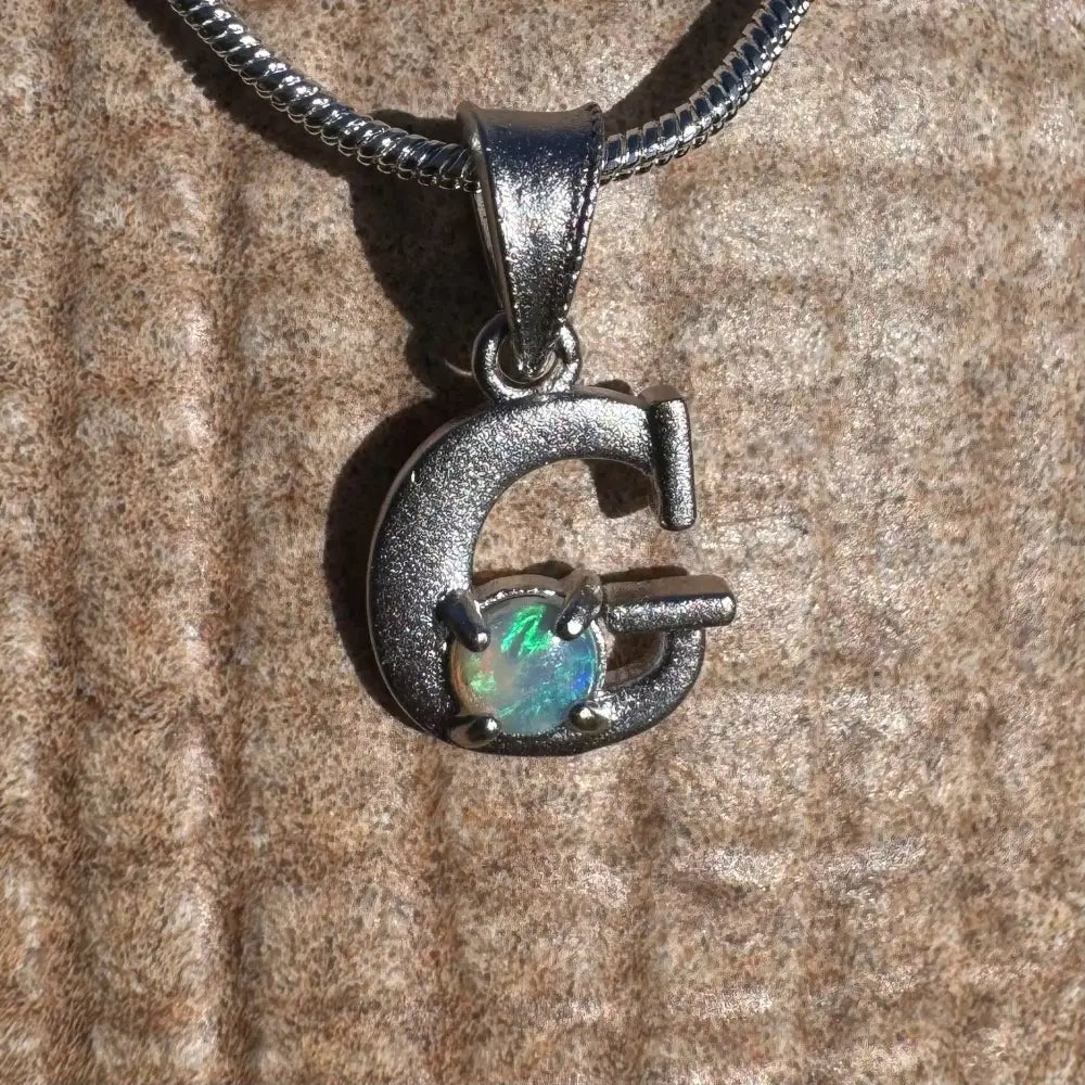 'Gleaming Grace' ~ Handcrafted 0.2ct Solid Lightning Ridge Opal 925 Sterling Silver 'G' Pendant Necklace