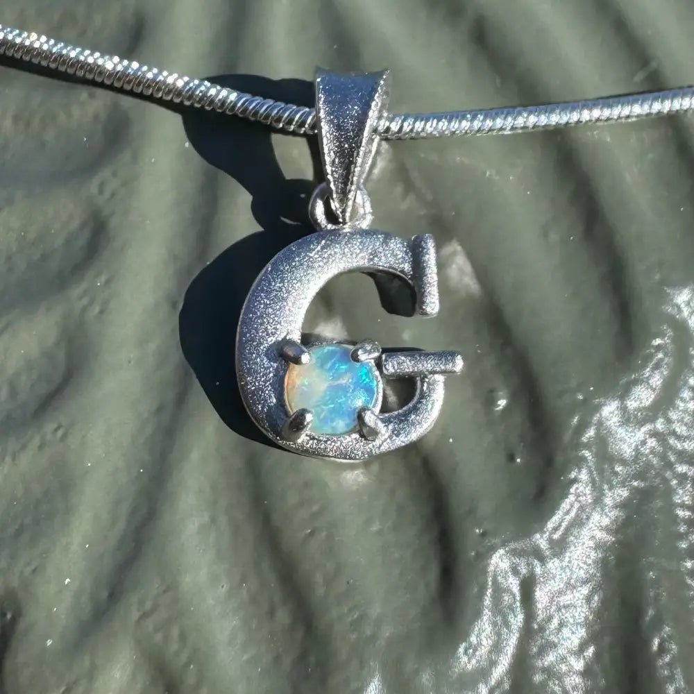 'Gleaming Grace' ~ Handcrafted 0.2ct Solid Lightning Ridge Opal 925 Sterling Silver 'G' Pendant Necklace