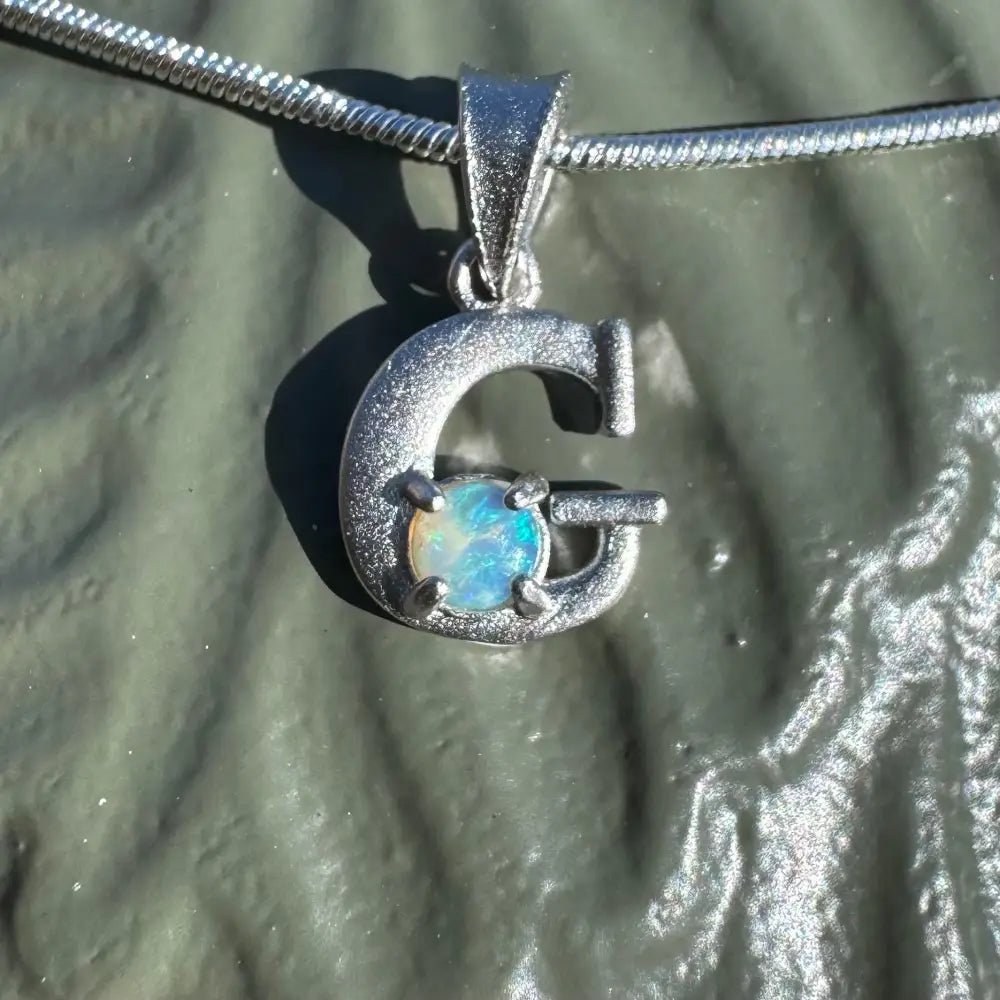 'Gleaming Grace' ~ Handcrafted 0.2ct Solid Lightning Ridge Opal 925 Sterling Silver 'G' Pendant Necklace