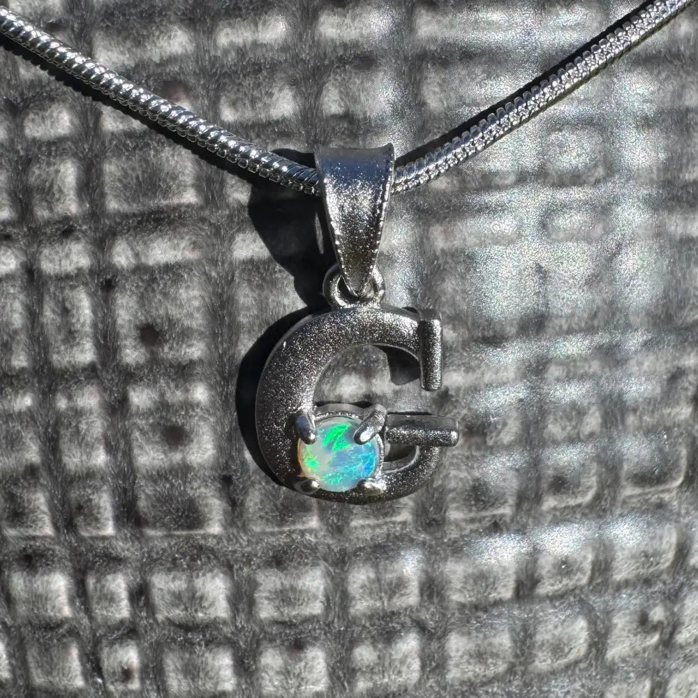 'Gleaming Grace' ~ Handcrafted 0.2ct Solid Lightning Ridge Opal 925 Sterling Silver 'G' Pendant Necklace