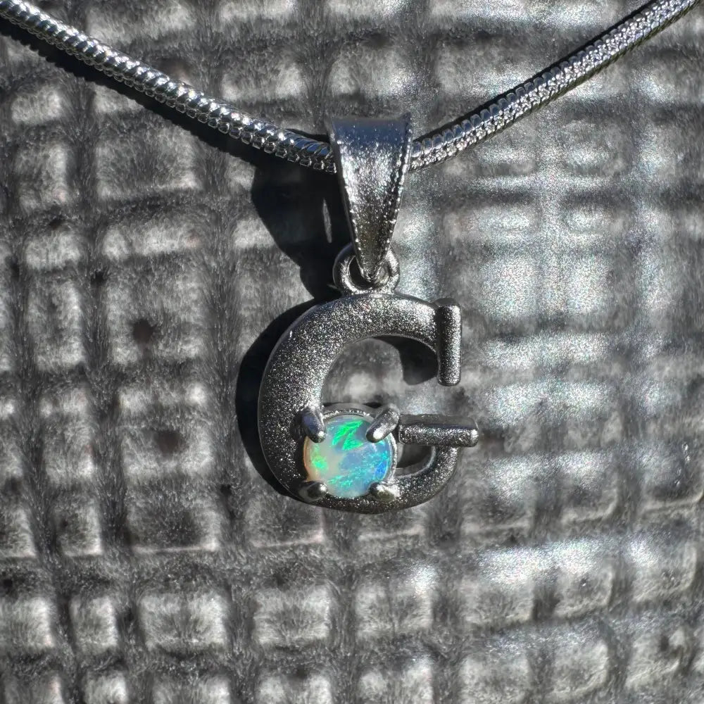 'Gleaming Grace' ~ Handcrafted 0.2ct Solid Lightning Ridge Opal 925 Sterling Silver 'G' Pendant Necklace