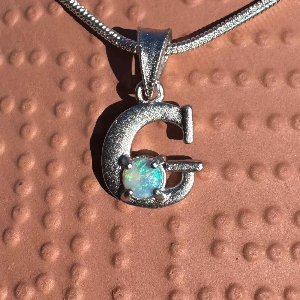 'Gleaming Grace' ~ Handcrafted 0.2ct Solid Lightning Ridge Opal 925 Sterling Silver 'G' Pendant Necklace