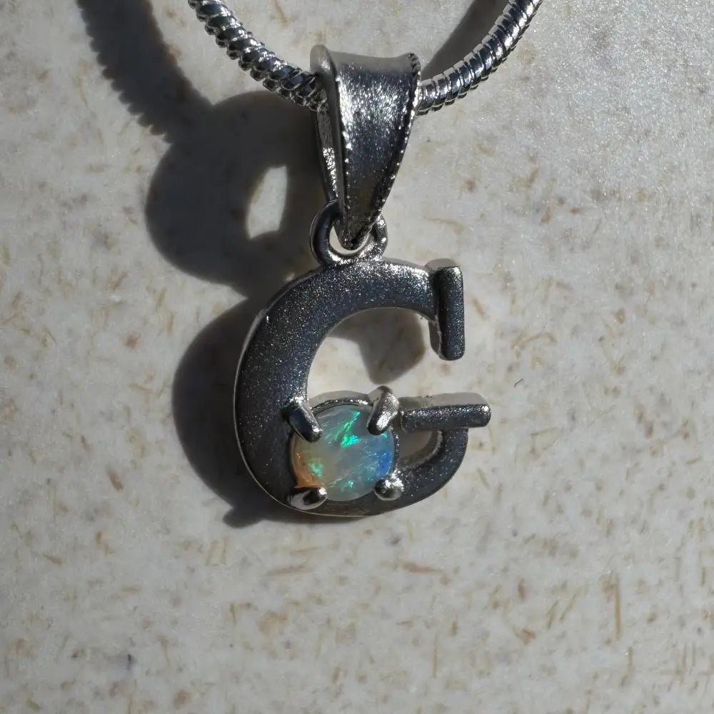 'Gleaming Grace' ~ Handcrafted 0.2ct Solid Lightning Ridge Opal 925 Sterling Silver 'G' Pendant Necklace