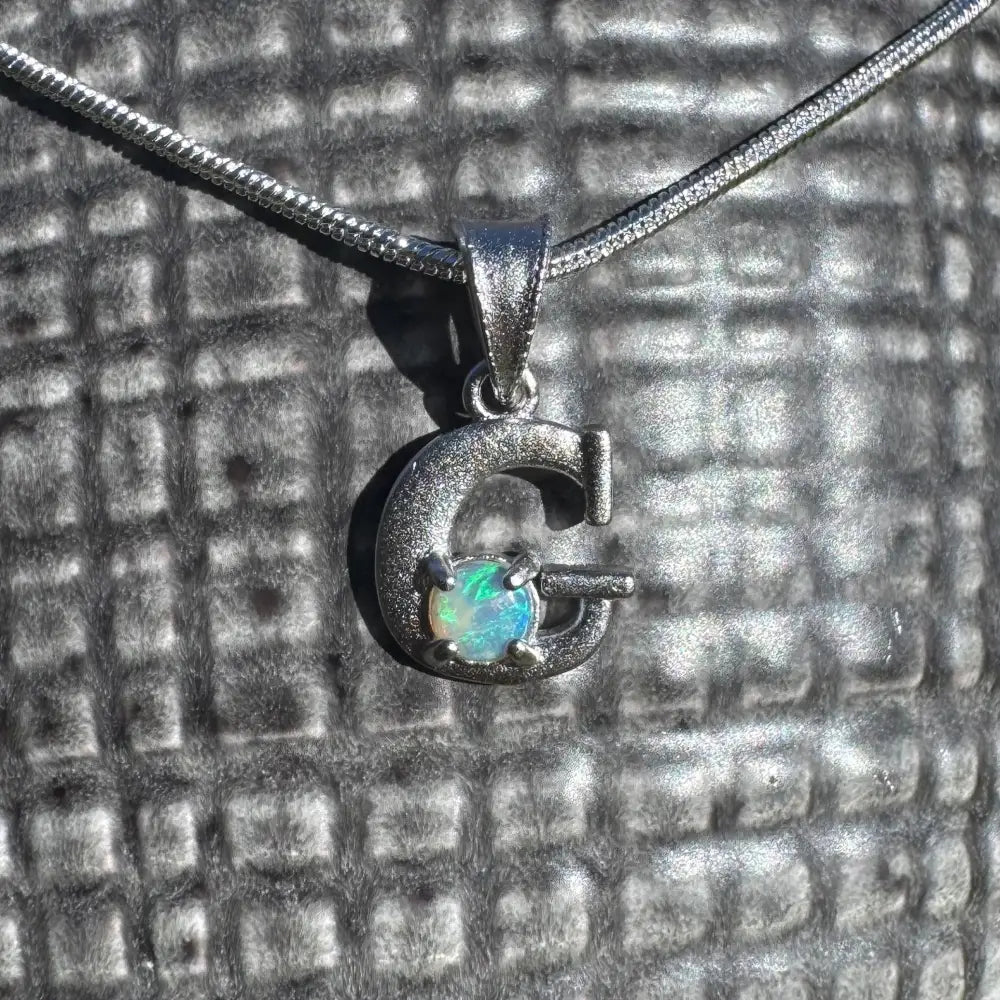 'Gleaming Grace' ~ Handcrafted 0.2ct Solid Lightning Ridge Opal 925 Sterling Silver 'G' Pendant Necklace