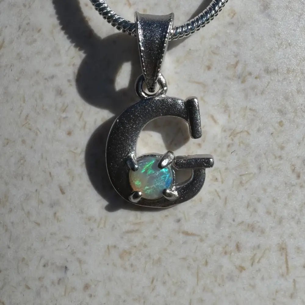 'Gleaming Grace' ~ Handcrafted 0.2ct Solid Lightning Ridge Opal 925 Sterling Silver 'G' Pendant Necklace
