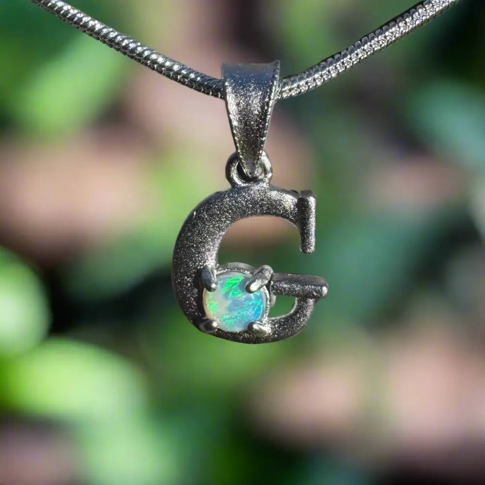 'Gleaming Grace' ~ Handcrafted 0.2ct Solid Lightning Ridge Opal 925 Sterling Silver 'G' Pendant Necklace