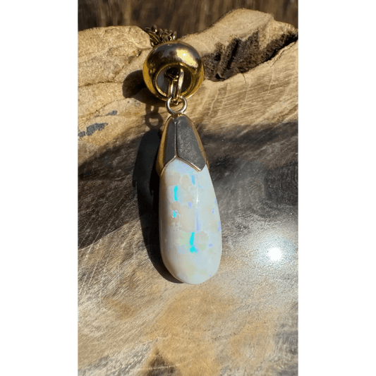 'Golden Horizons' ~ Handcrafted 9ct Solid Gold 3.6ct Lightning Ridge White Opal Pendant