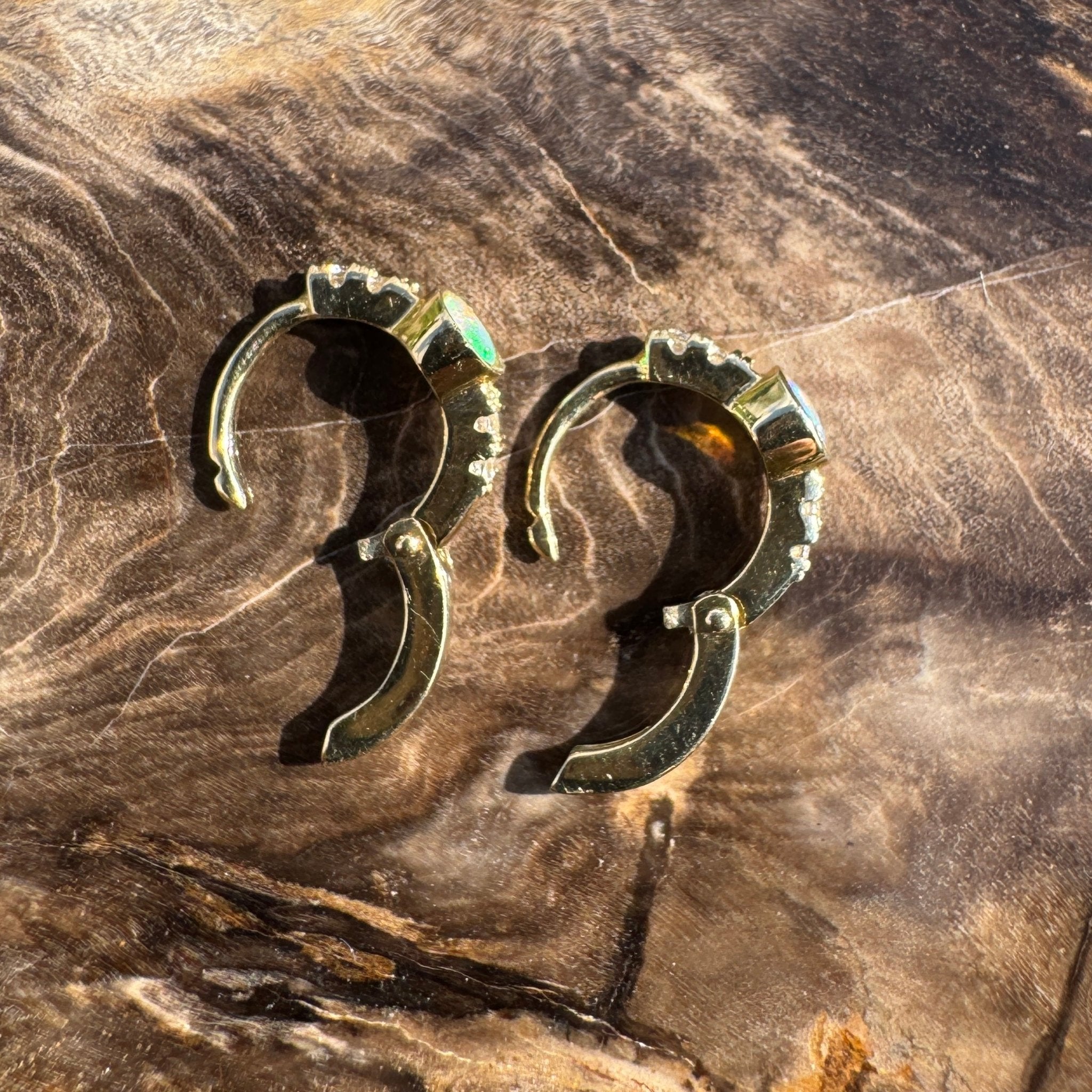 Golden Minima ~ 0.6ct Coober Pedy Crystal Opal 9ct Gold and Cubic Zirconia Hoop Earrings