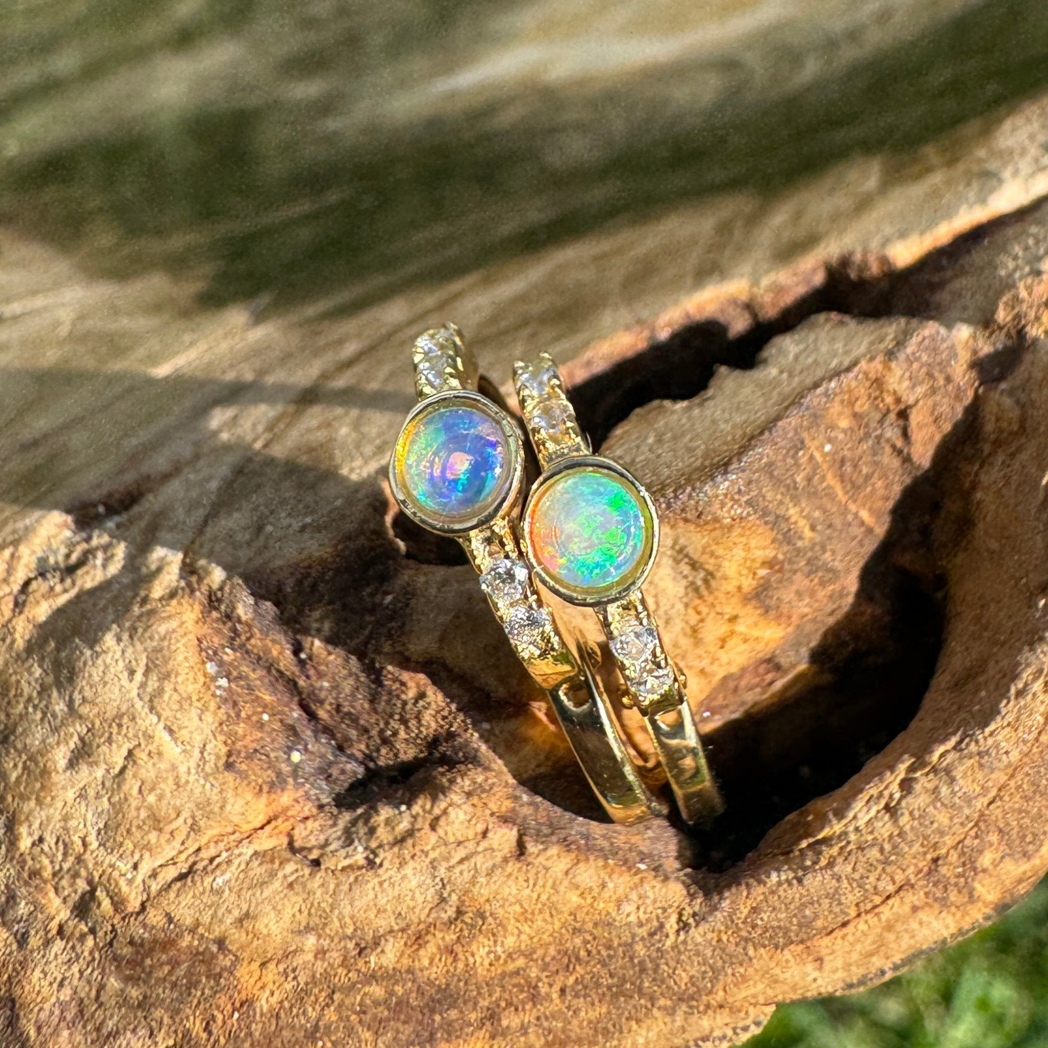 Golden Minima ~ 0.6ct Coober Pedy Crystal Opal 9ct Gold and Cubic Zirconia Hoop Earrings