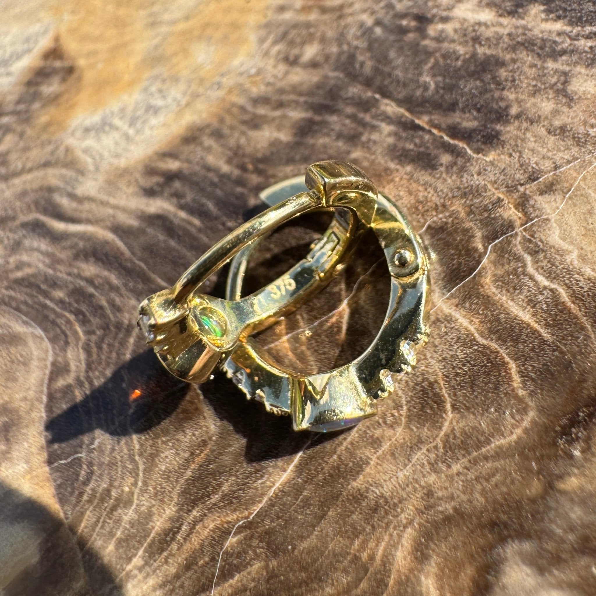 Golden Minima ~ 0.6ct Coober Pedy Crystal Opal 9ct Gold and Cubic Zirconia Hoop Earrings