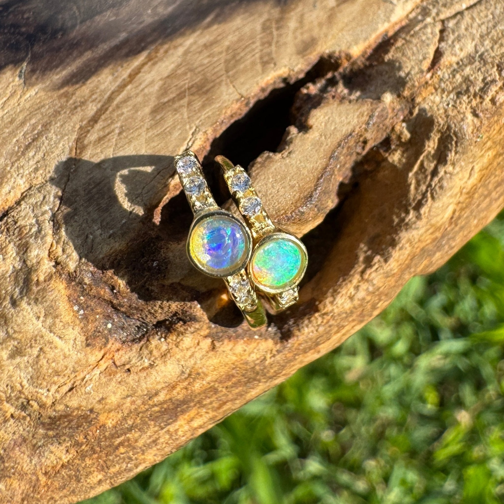 Golden Minima ~ 0.6ct Coober Pedy Crystal Opal 9ct Gold and Cubic Zirconia Hoop Earrings