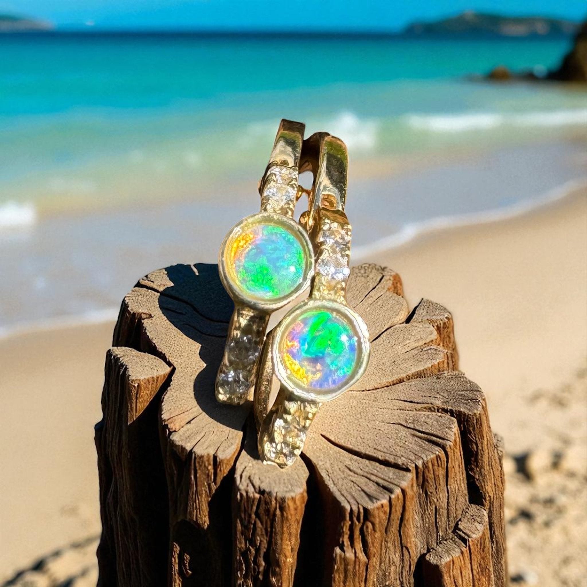 Golden Minima ~ 0.6ct Coober Pedy Crystal Opal 9ct Gold and Cubic Zirconia Hoop Earrings