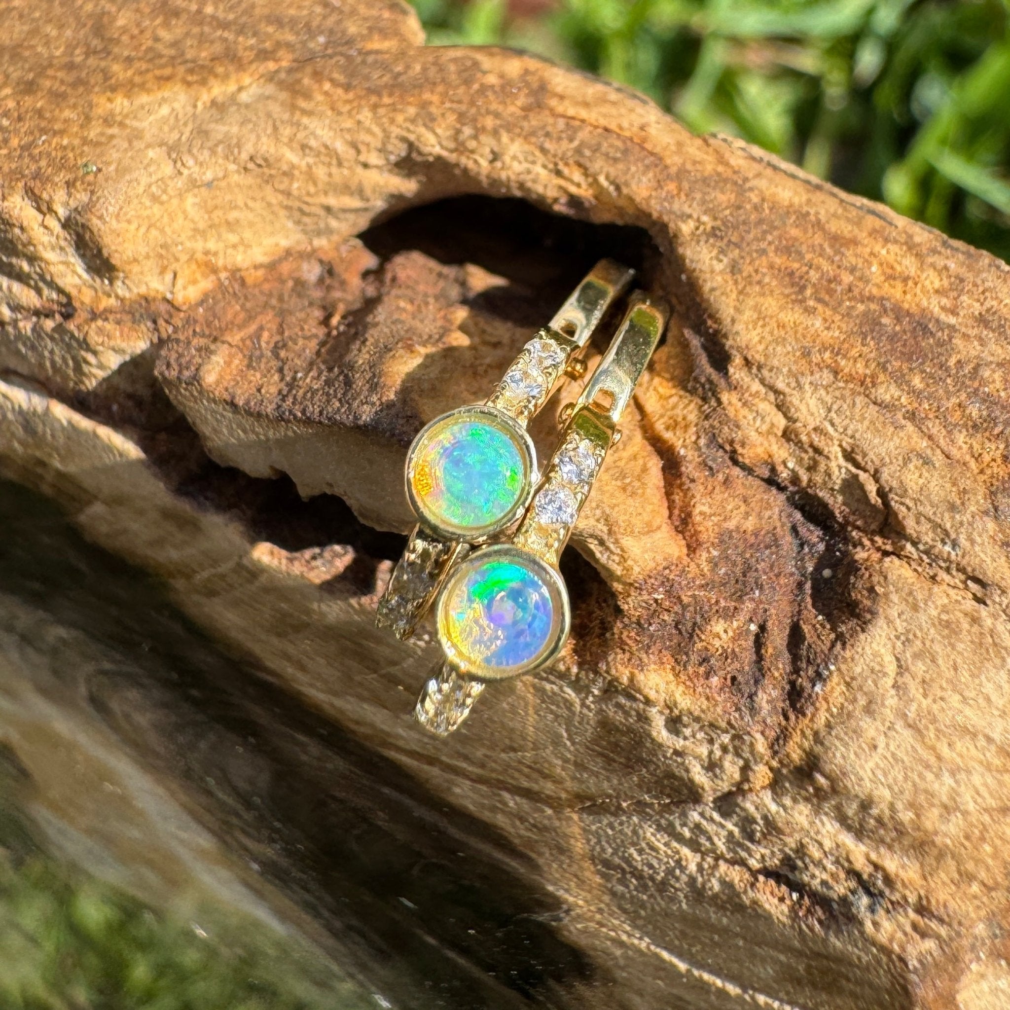 Golden Minima ~ 0.6ct Coober Pedy Crystal Opal 9ct Gold and Cubic Zirconia Hoop Earrings