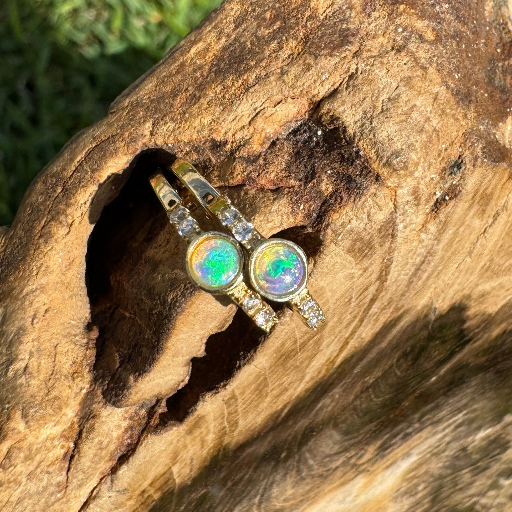 Golden Minima ~ 0.6ct Coober Pedy Crystal Opal 9ct Gold and Cubic Zirconia Hoop Earrings