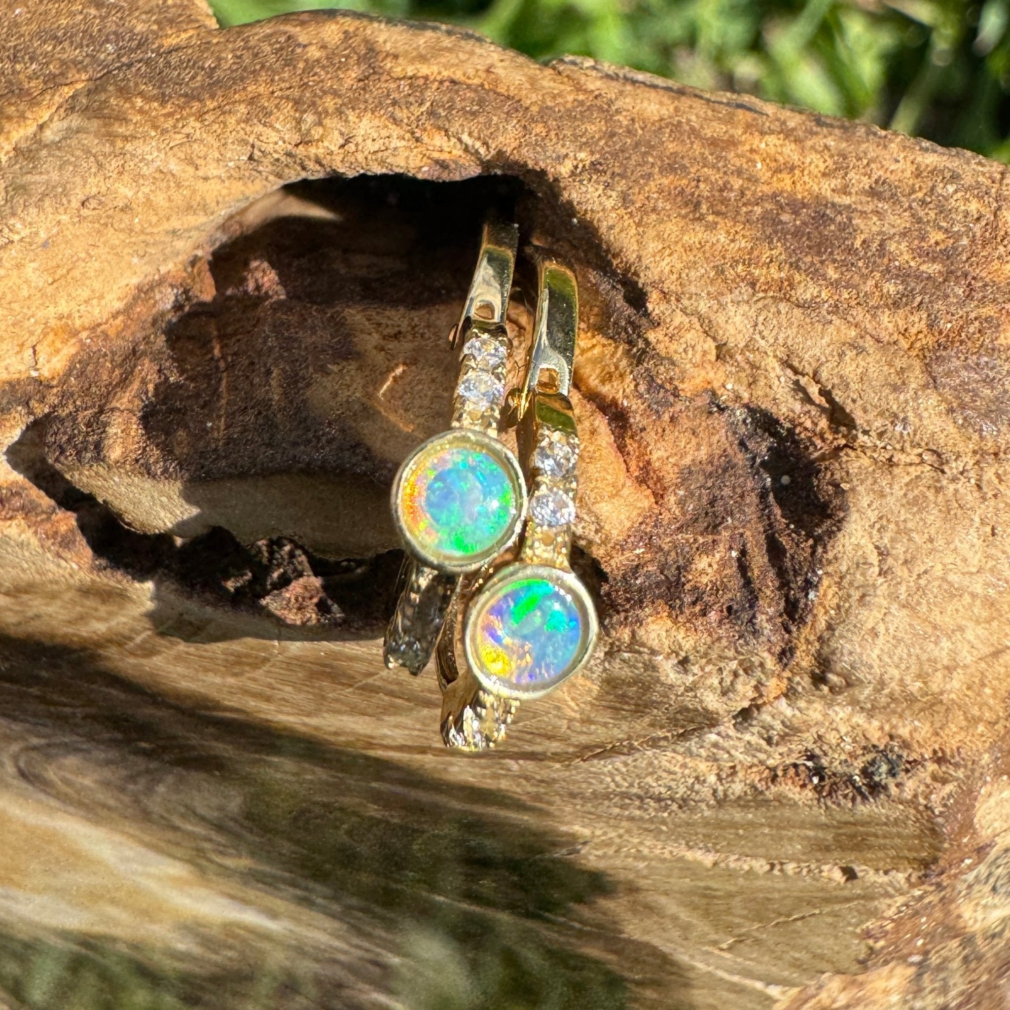 Golden Minima ~ 0.6ct Coober Pedy Crystal Opal 9ct Gold and Cubic Zirconia Hoop Earrings