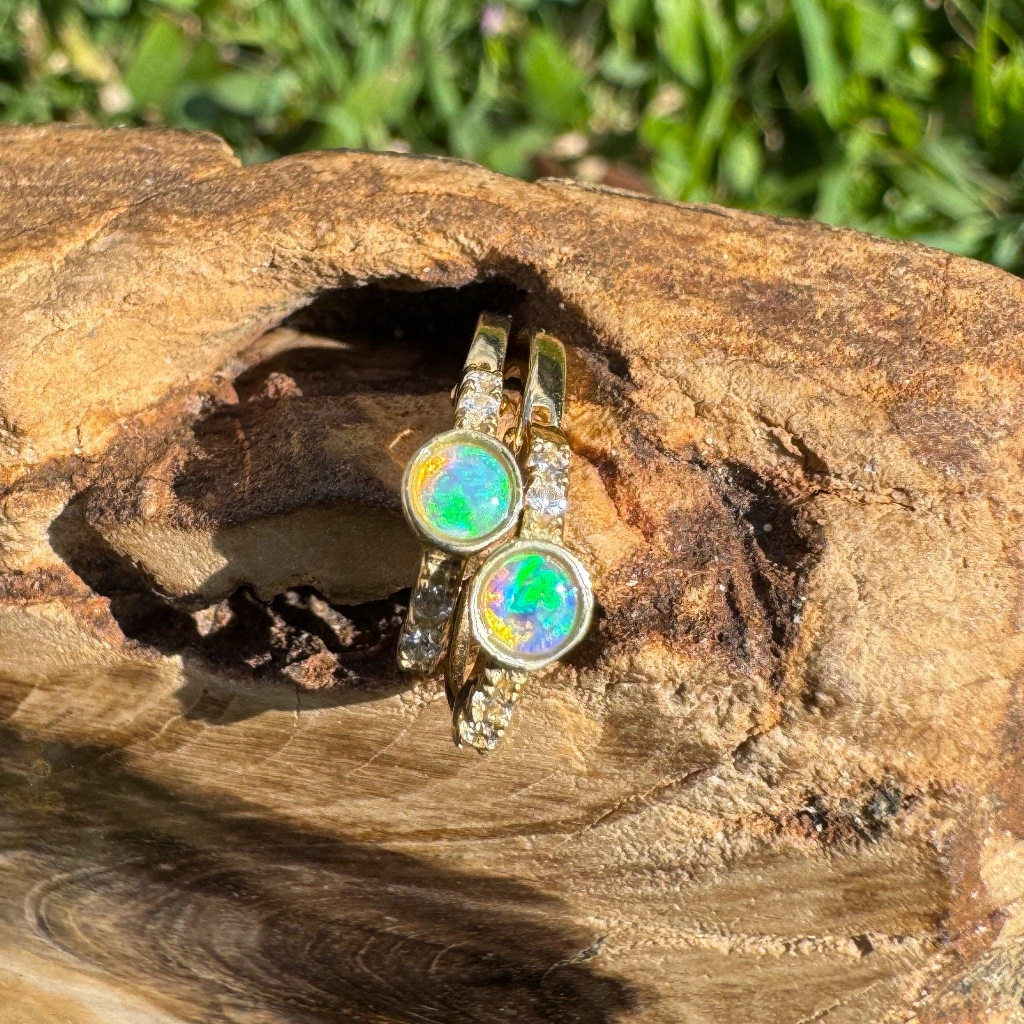 Golden Minima ~ 0.6ct Coober Pedy Crystal Opal 9ct Gold and Cubic Zirconia Hoop Earrings