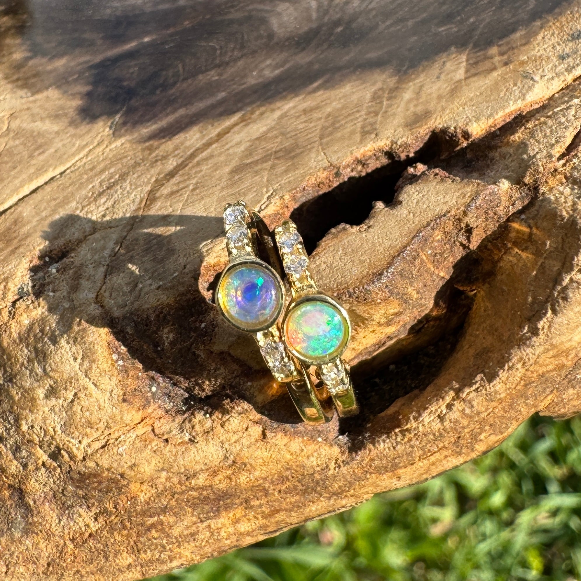 Golden Minima ~ 0.6ct Coober Pedy Crystal Opal 9ct Gold and Cubic Zirconia Hoop Earrings