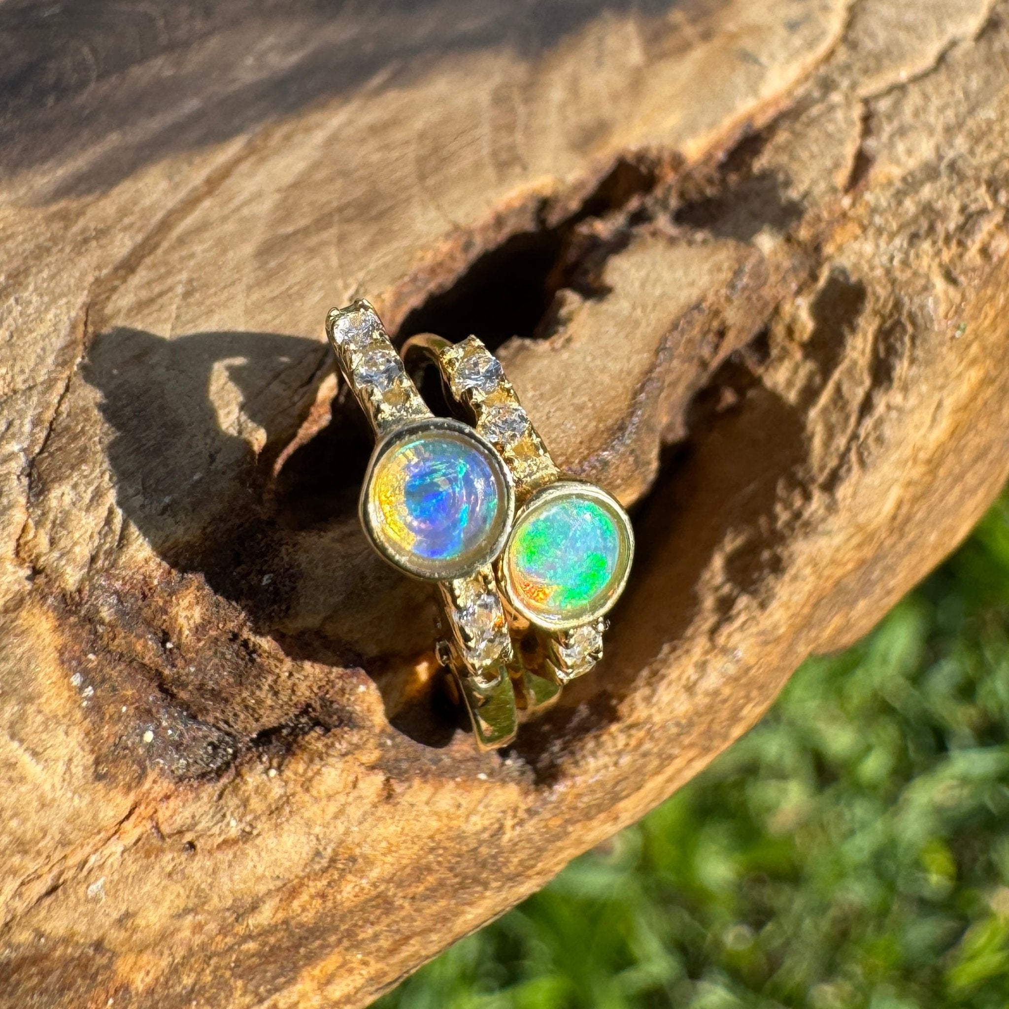 Golden Minima ~ 0.6ct Coober Pedy Crystal Opal 9ct Gold and Cubic Zirconia Hoop Earrings