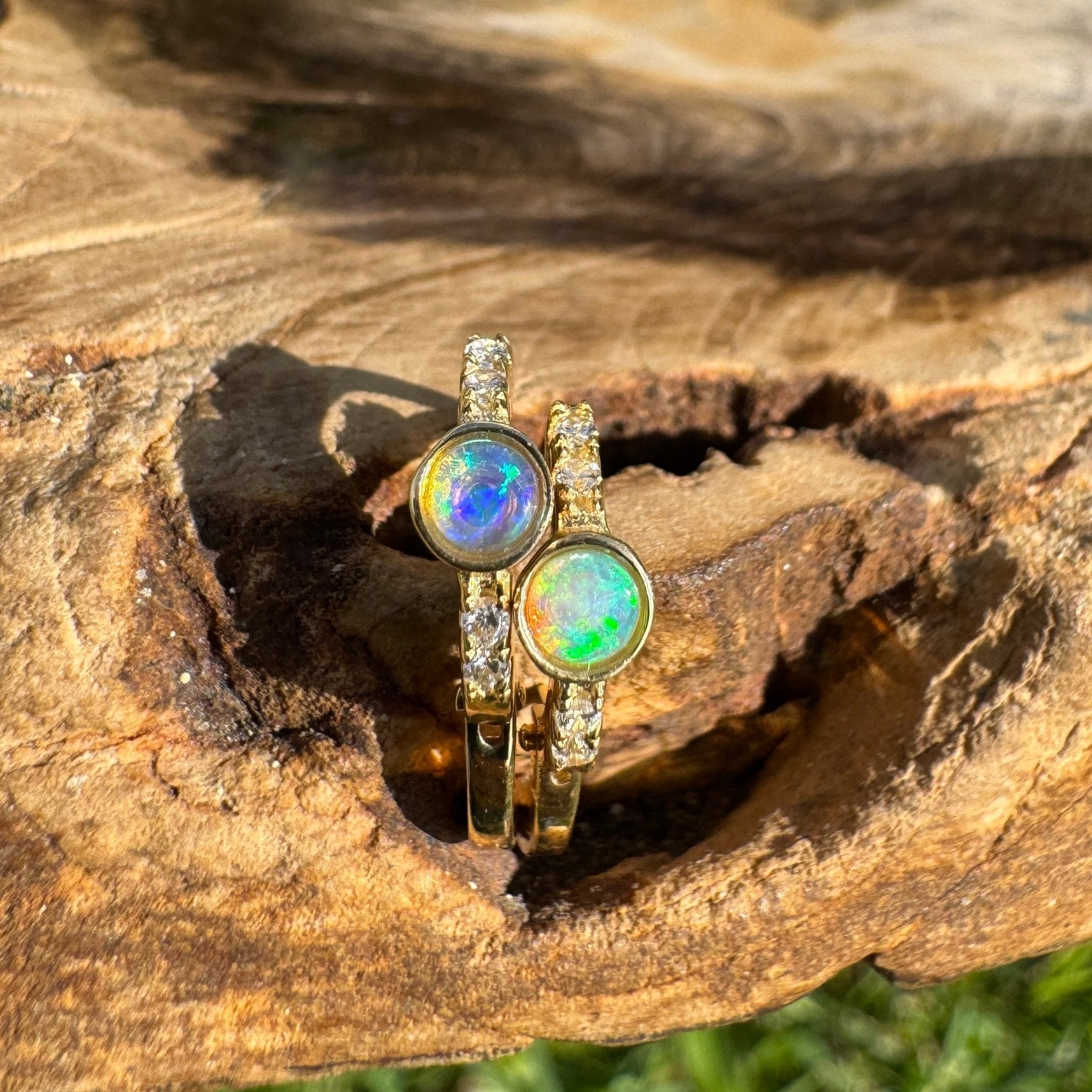 Golden Minima ~ 0.6ct Coober Pedy Crystal Opal 9ct Gold and Cubic Zirconia Hoop Earrings
